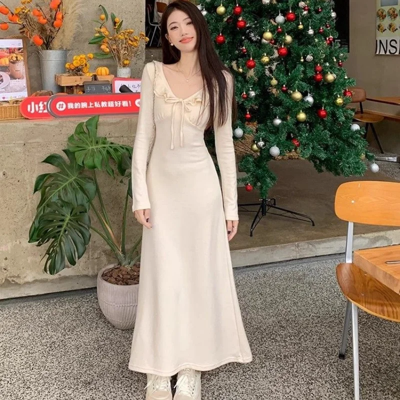 Damen Vintage Langes Kleid V-Ausschnitt Rüschen Elegantes Aprikosenfarbenes A-Linien-Kleid Frühling Party- und Urlaubskleid