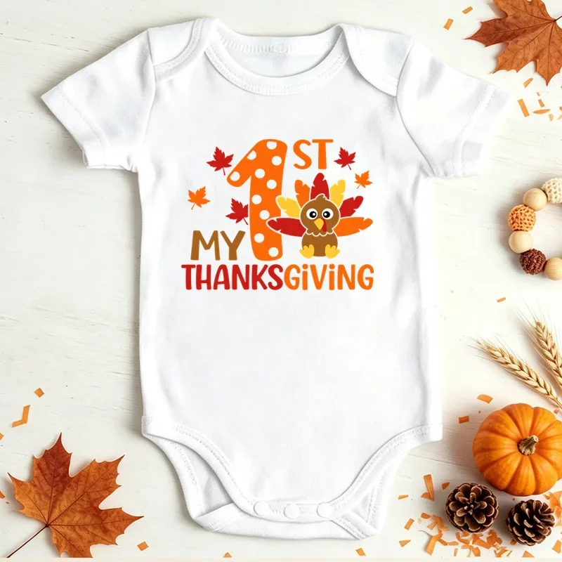 My 1st Thanksgiving Baby Bodysuit Newborn Infant Short Sleeve Romper Cute Turkey Print Baby Jumpsuit Thanksgiving Holiday Outfit