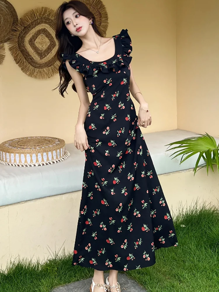 Zomer Zwarte Bloemen Chic Ruches Sling Lange Jurk Vrouwen Koreaanse Vintage Hepburn Jurk 2025, Elegante Bodycon Luxe Avondjurken