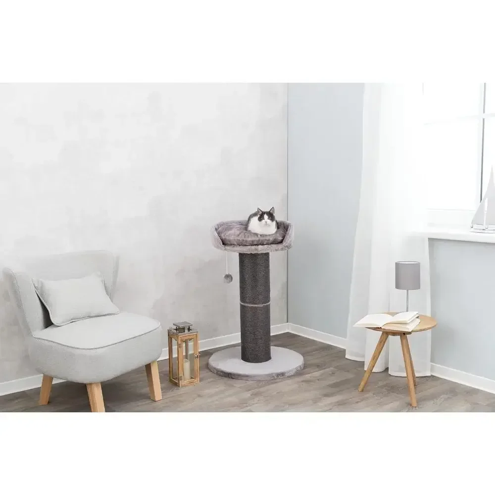 35 Inch Sisal Rope Cat Scratching Post with Fabric-Covered Base, Platform Bed, and Dangling Toy in Gray