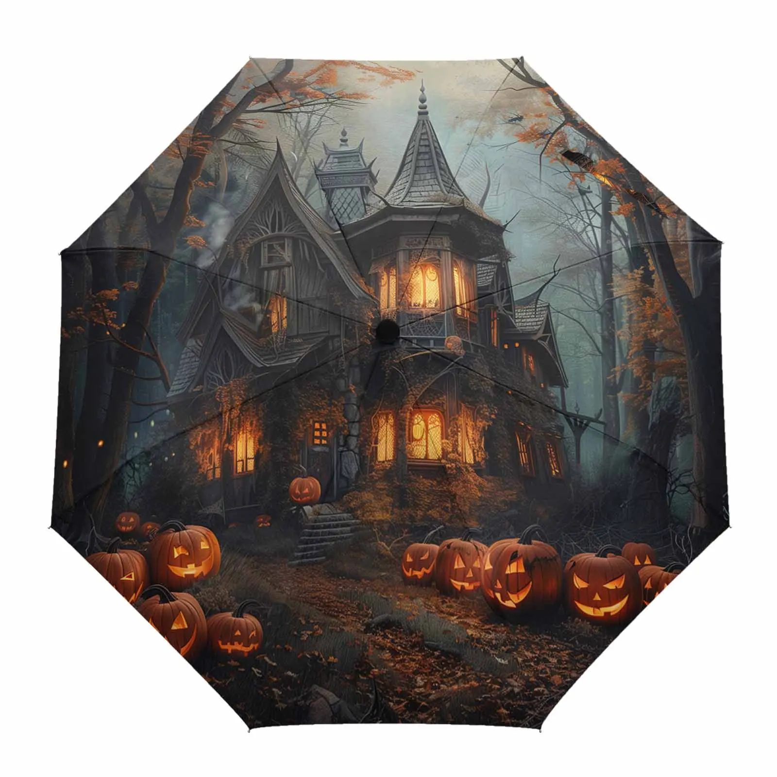 Halloween Castle Pumpkin Vintage Bat Grove Outdoor Fully-automatic Folding Eight Strands Umbrellas for Kids Printed Umbrella