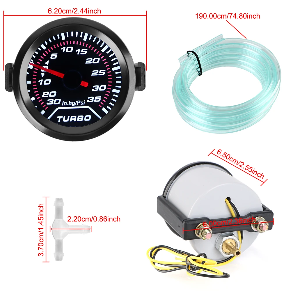 

35Psi 2" 52mm White LED Backlight Turbo Pressure Gauge Universal 12V Turbo Boost Meter Smoke Lens Racing Car Modification