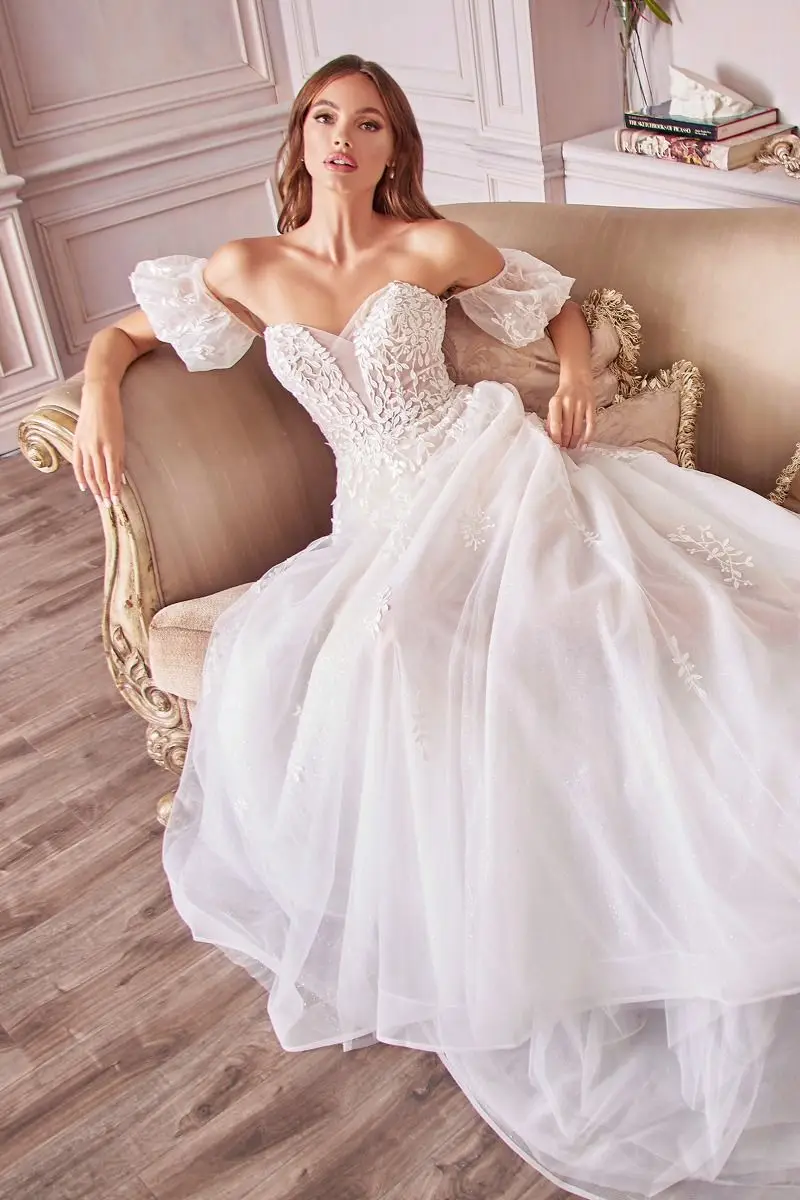

White Tulle Appliques Luxurious Wedding Dresses Sweetheart Off the Shoulder A-line Short Puff Sleeves Ruched Elegant Bridal Gown