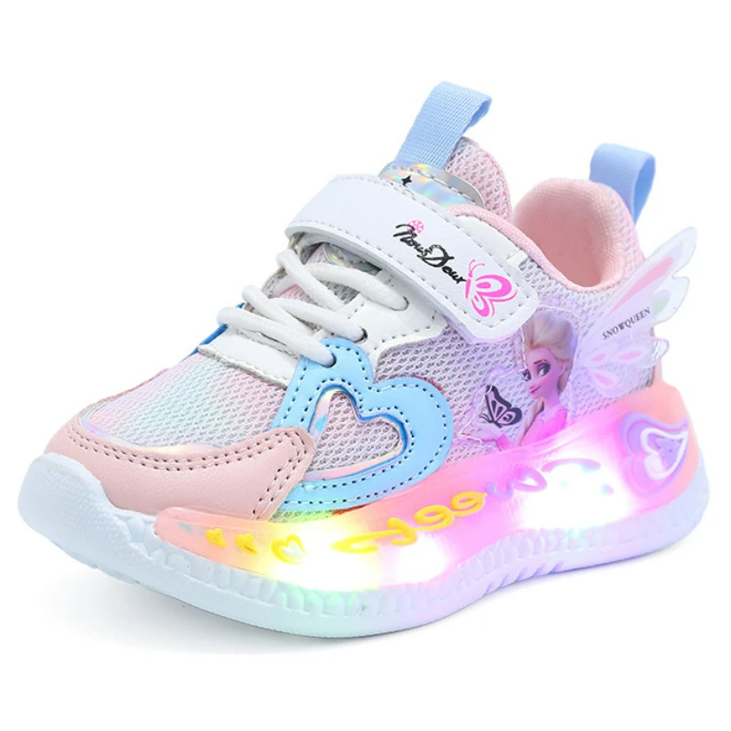 Disney Children\'s Casual Shoes Soft Sole Frozen Priness Elsa Light Shoes Girls\' Mesh Breathable Cartoon LED Children\'s Sneakers