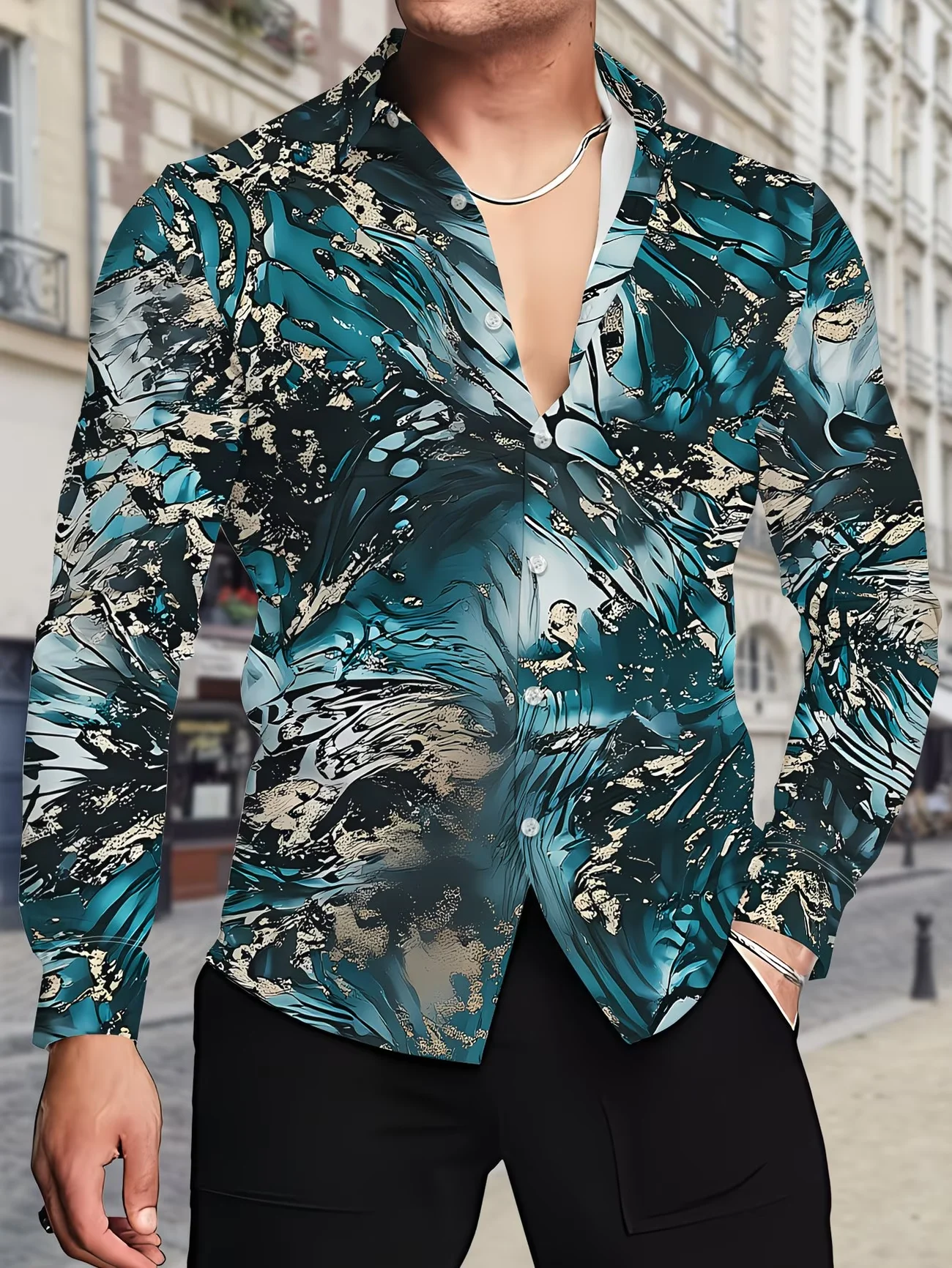 

New Black Gold Ponma 3D Printed Men's Long Sleeve Shirt with Collar and Chinese Style Pattern Shirt Clothing