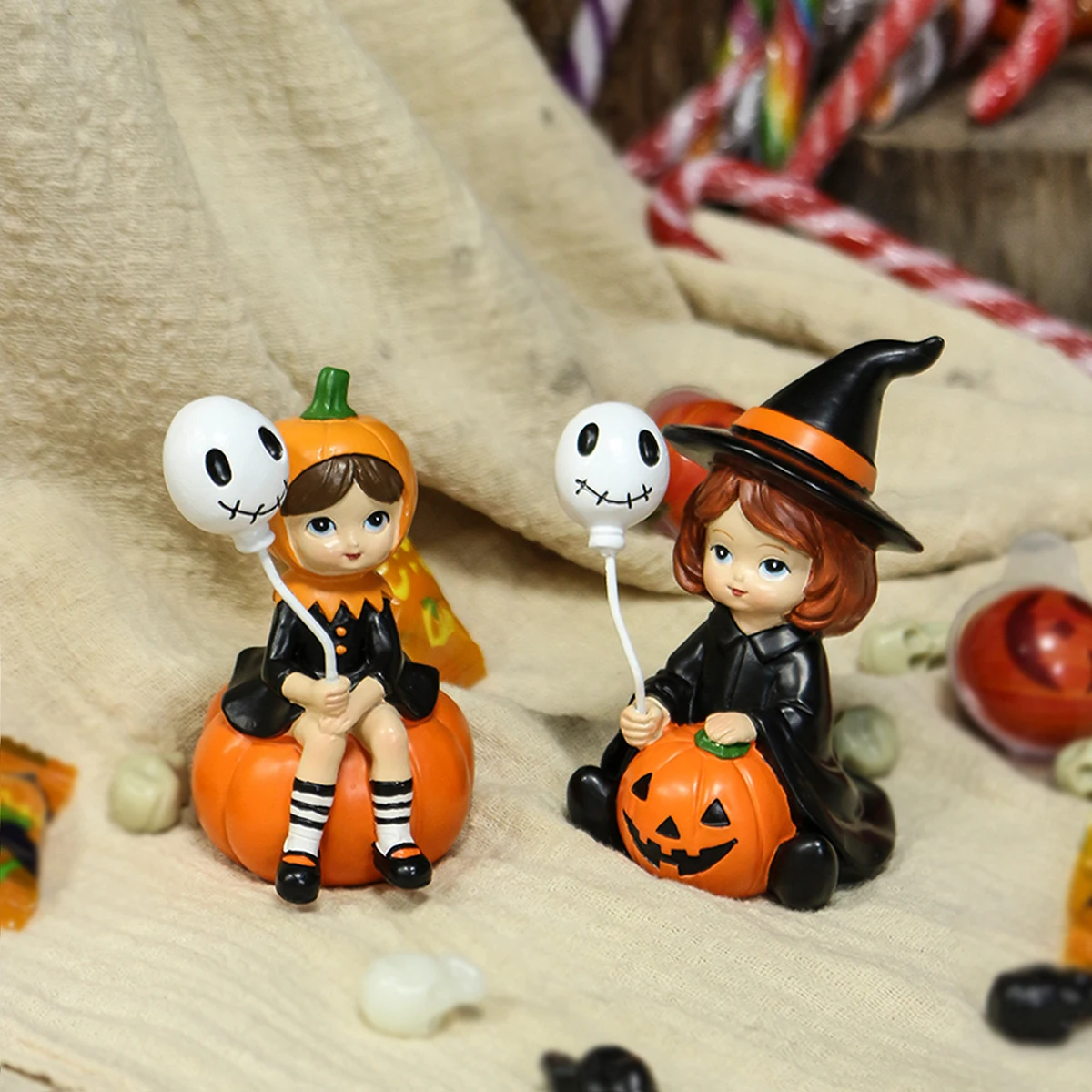 Halloween Witch & Pumpkin Girl Figurine 2 Pcs Set, Skeleton Balloon Resin Ornament, Holiday Party Desktop Home Garden Decor