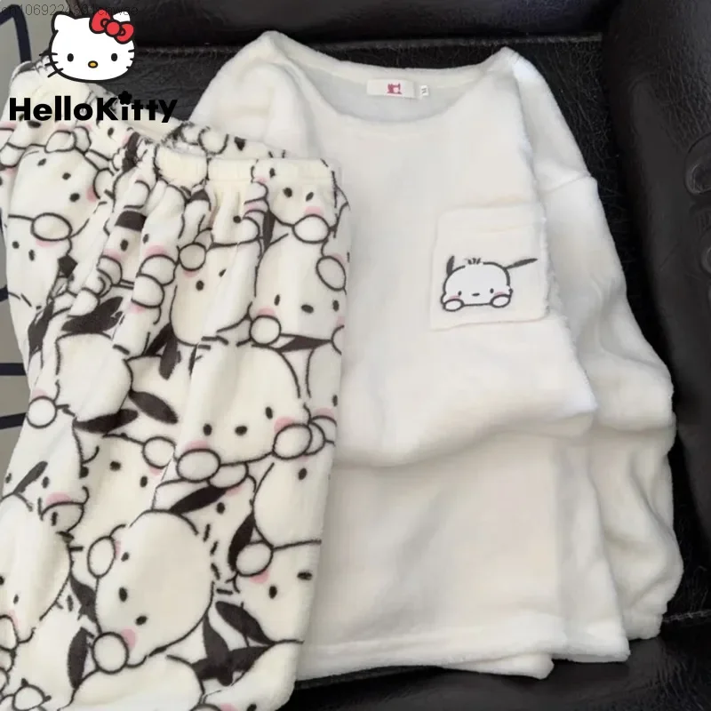 Sanrio Pochacco Hello Kitty Kuromi Pajamas For Women Winter Plush Coral Velvet Pjs Pijama Set Cute Anime Sleeping For Sleepwear