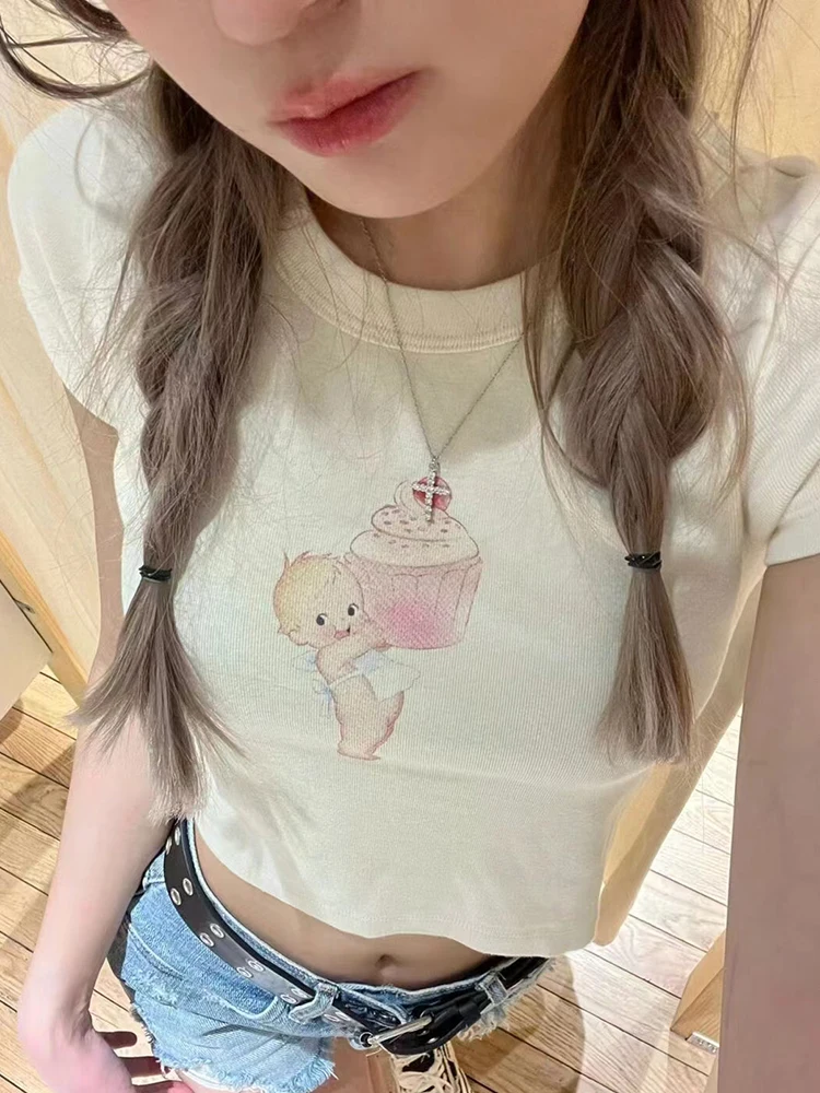 Cupcake Angel Baby Print Slim T-Shirts Sweet Cute O Neck Soft Cotton Short Sleeve Crop Tops 2023 Summer Vintage Casual Y2k Tops