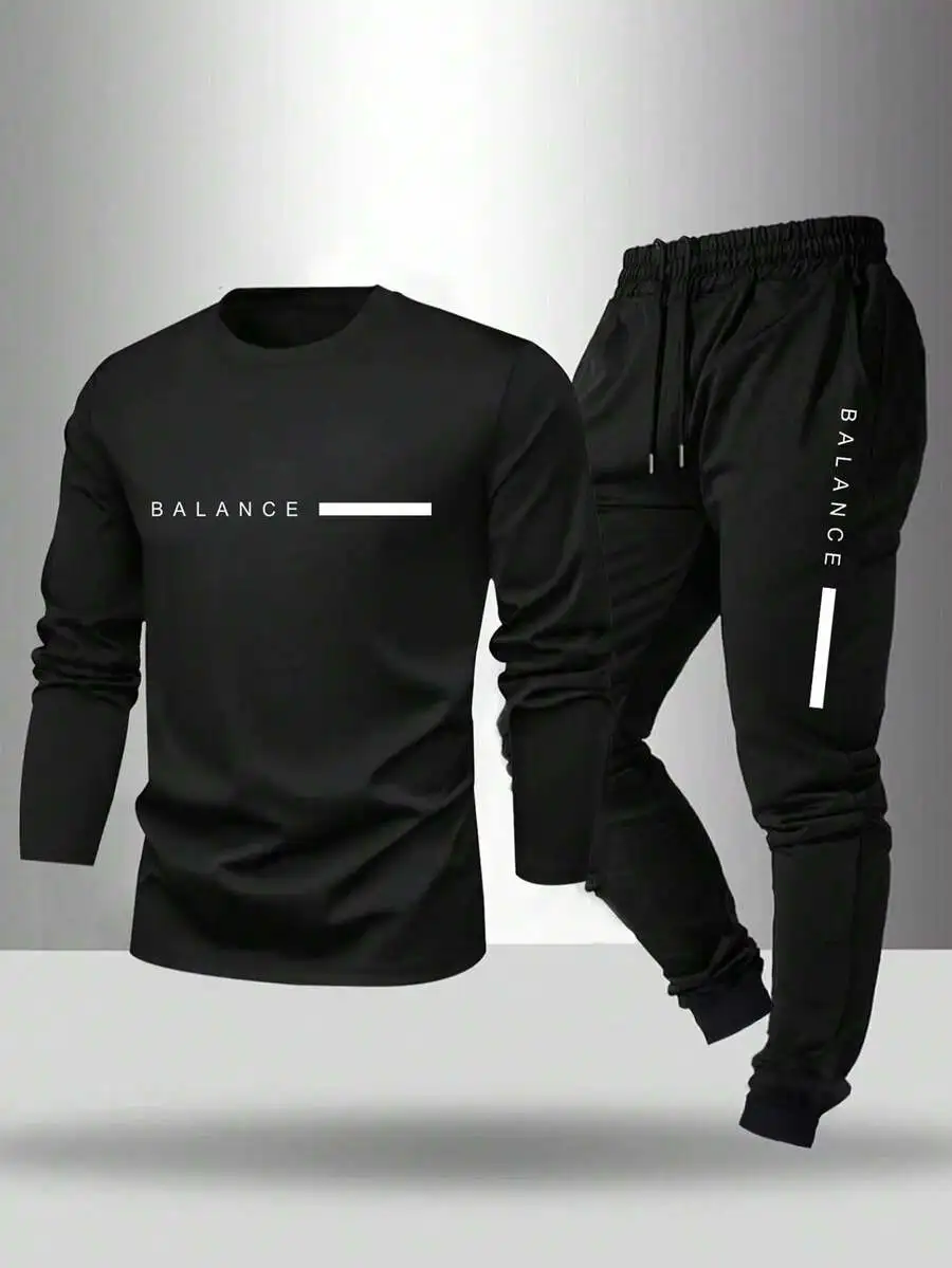 

Black Men's Long Sleeve Top and Jogger Pants Set with Minimalist Line Print