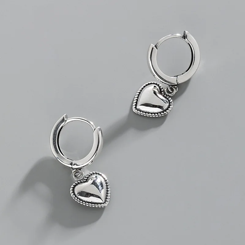 Original retro distressed S925 sterling silver glossy heart-shaped earrings women's fashion luxury boutique jewelry
