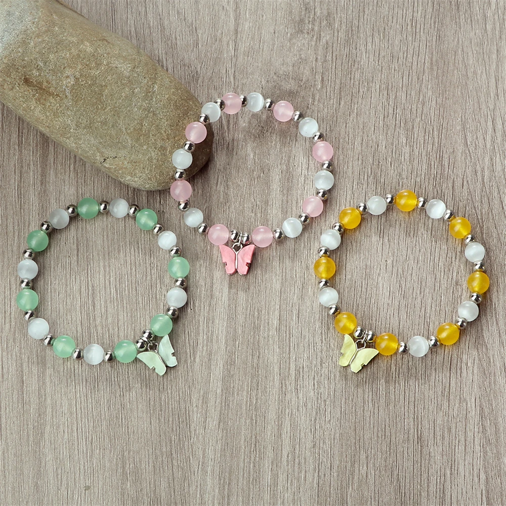 Pulseiras de pedra olho de gato natural para homens e mulheres, Pulseiras de pingente de borboleta acrílica colorida, 8mm