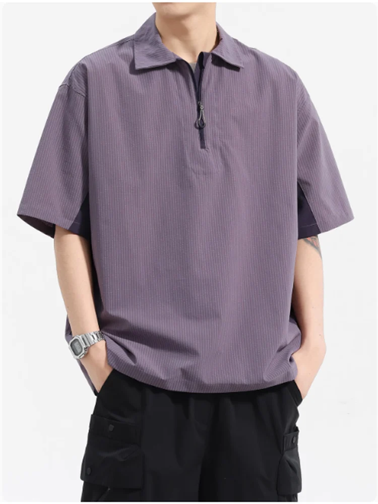 

Lightweight Breathable Qui-Dry Stripe Patchwork irt ort Sve Men Spring Summer Turn-down Collar Workwear f Sl...