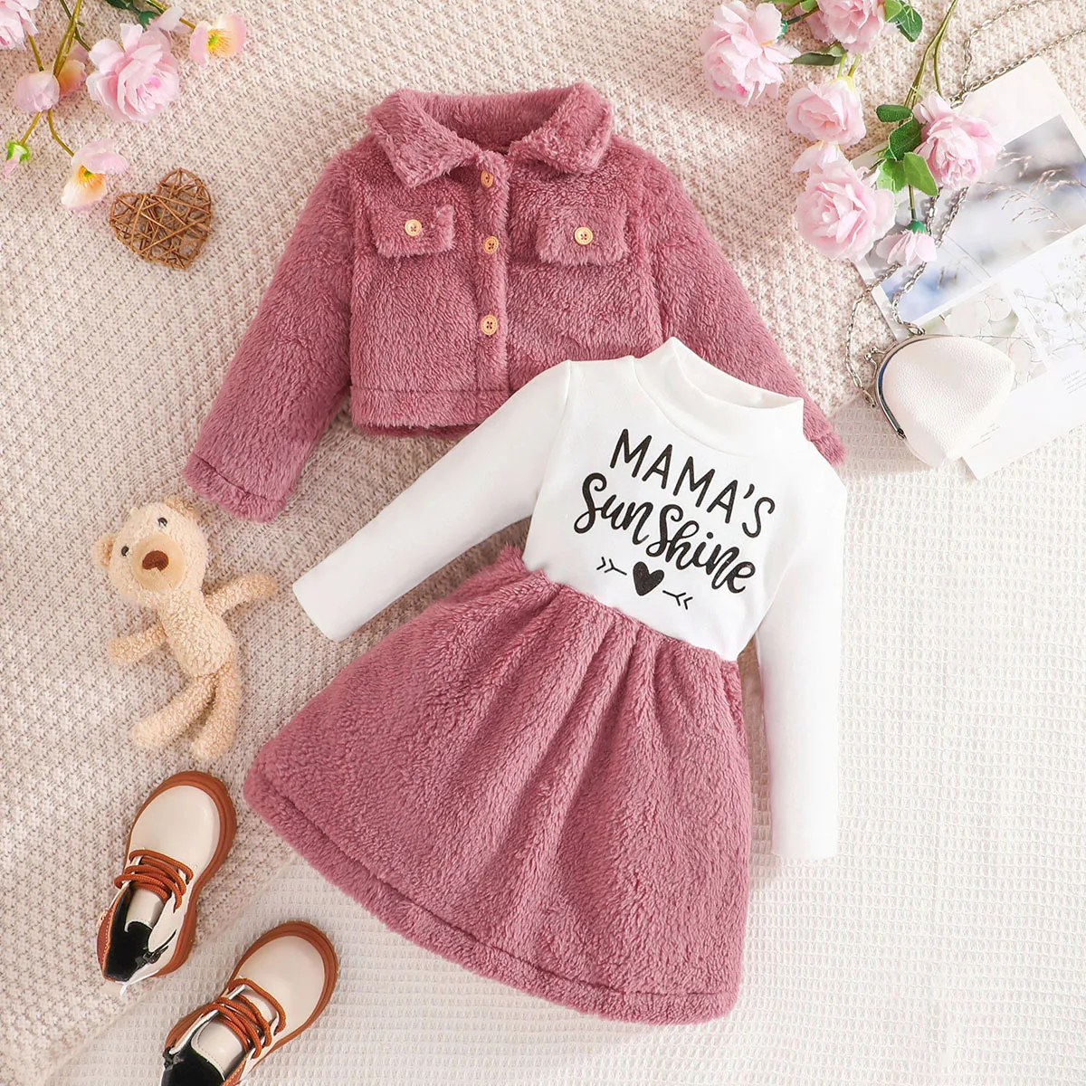 Fall Toddler Girl Clothes Korean Fashion Fleece Kids Coat+Long Sleeve Letter Dress Children\'s Sets Baby Boutique Clothing BC1059