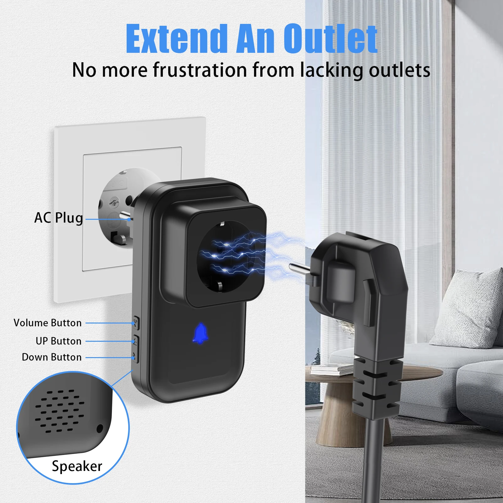 Wireless Doorbell with 2 Plug-in Receivers Socket, Door Bell Outdoor Penetration IP55 Waterproof Home with LED Flashing