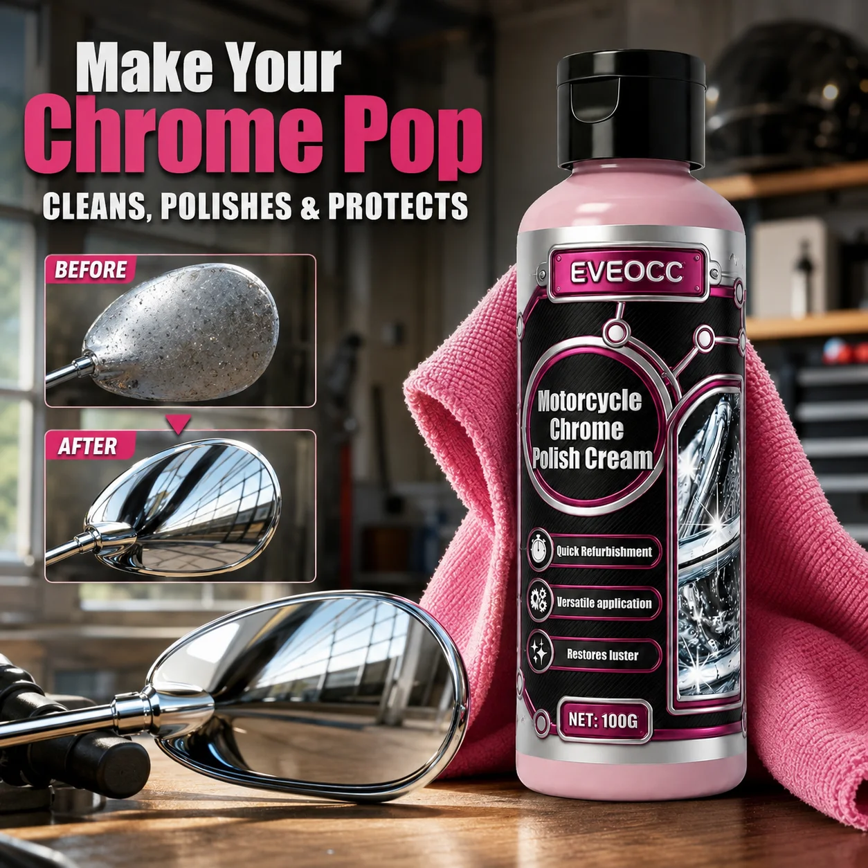 EVEOCC Metal Chrome Polishing Cream, Quick Refurbishment Restores Luster for Motorcycle Chrome Trim Exhaust Pipe Metal Surfaces