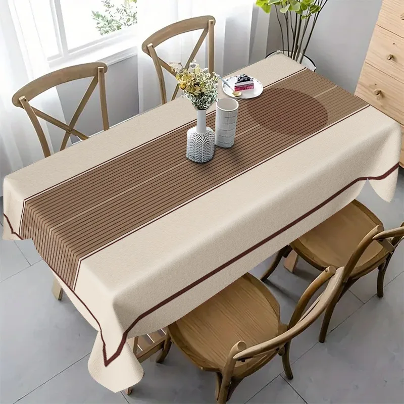 A 2D printed tablecloth, one piece, features a simple design with a beige base fabric and brown stripes.