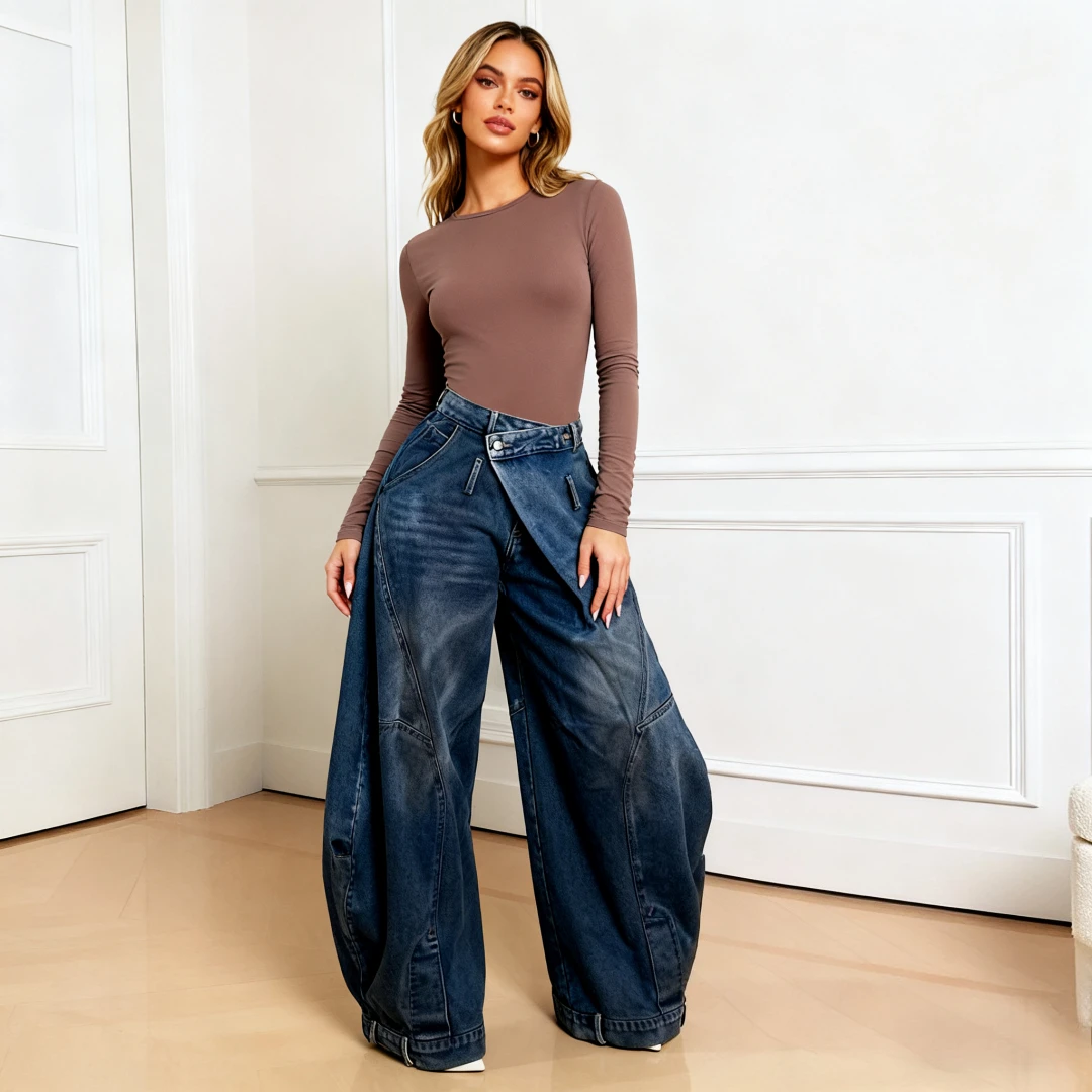 Spodnie Mom Jeans z szerokimi nogawkami damskie, styl vintage, denim punk, luźne spodnie, elastyczne, średni stan, sprane, postarzane, streetwear 2025