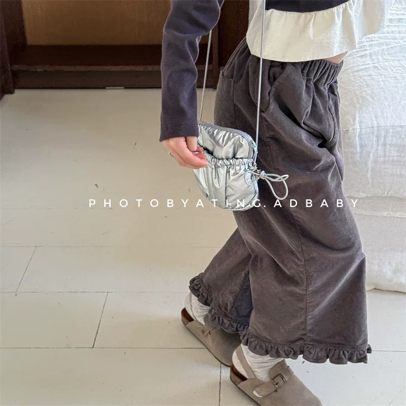 Korean Girls Corduroy Pants Casual Trousers 2026 Spring Autumn 1-7Y Toddler Kids Loose Ankle-length Pants Children\'s Clothing