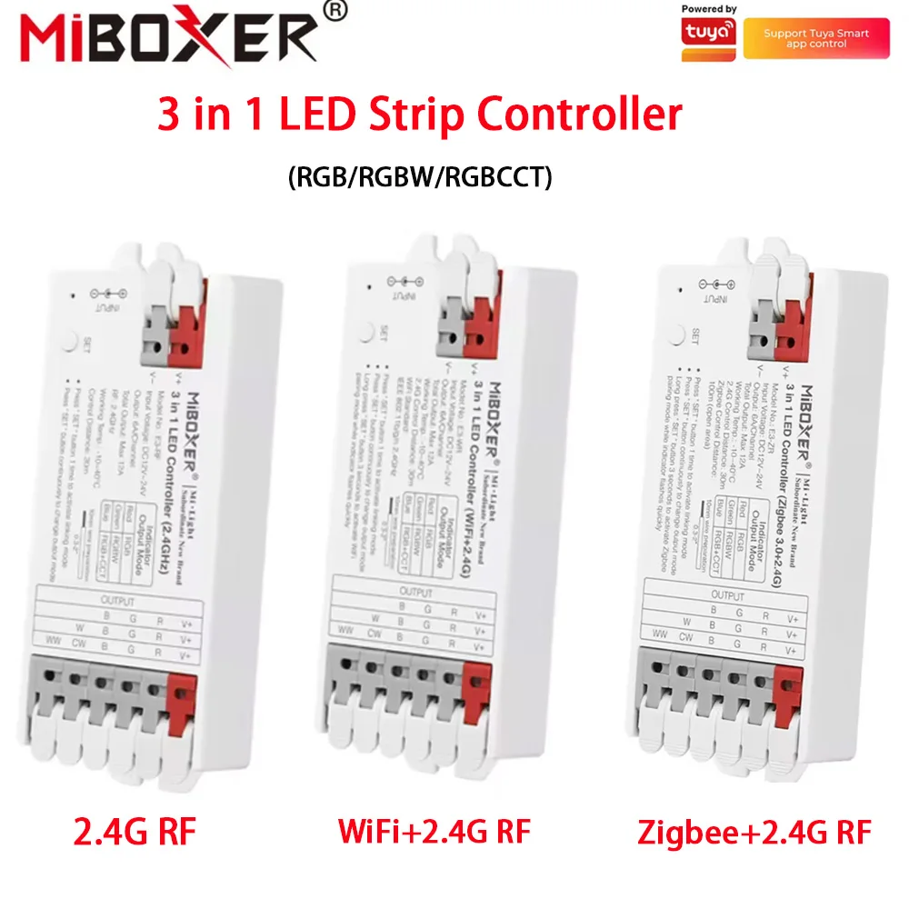 miboxer tuya zigbee wi fi led strip light dimmer em controlador led 5050 cob rgb rgbw rgbcct 24g rf controle remoto para alexa 01