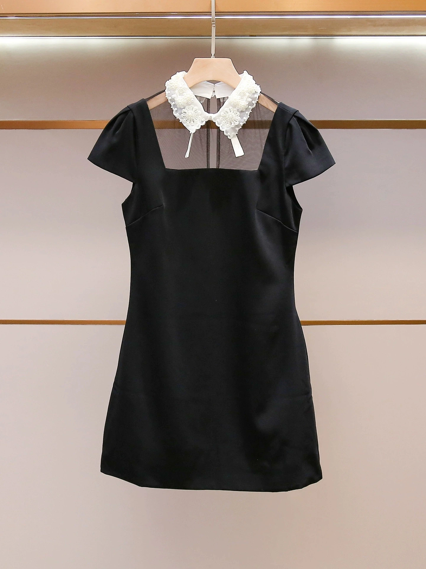 

2026 Black Short Women Dress Fashion Lapel Neck Crystals Cap Sleeves Dresses For Womens 52008
