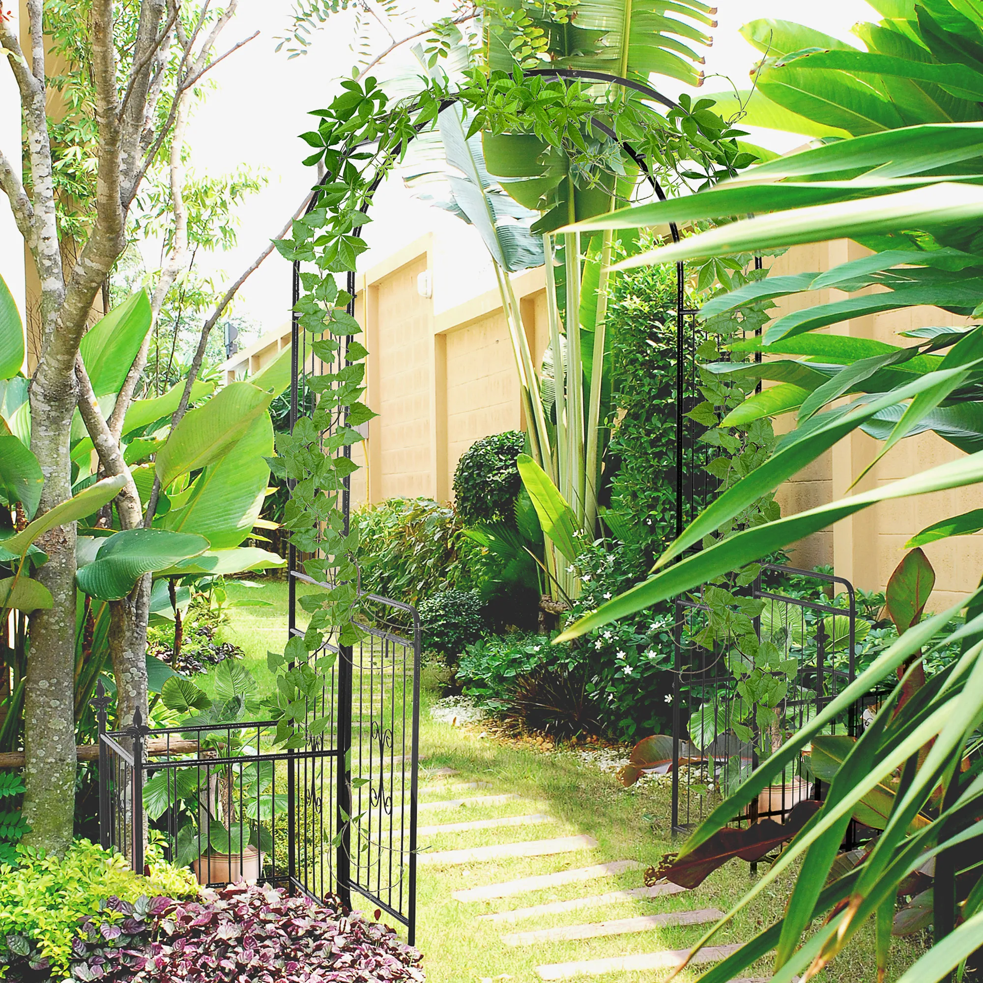 Outdoor Decorative Steel Backyard Gate & Trellis w/ Two Door Design & Scrollwork