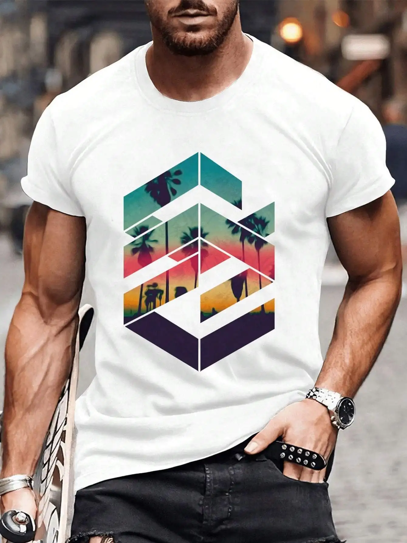 

[Allseason Apparel] Men's All-Season 100% Cotton T-Shirt with Geometric Palm Tree Design - Comfortable, Casual Short Sleeve Crew