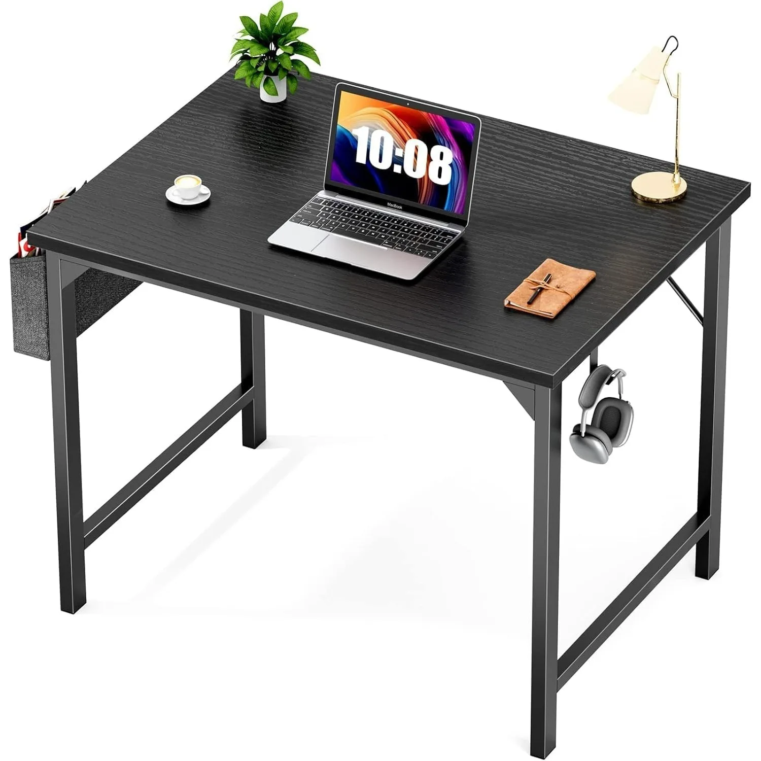 

Desk- Computer Office Small 32 Inch Writing Study Work Modern Simple Style Wooden Table with Storage Bag & Iron Hook - Black