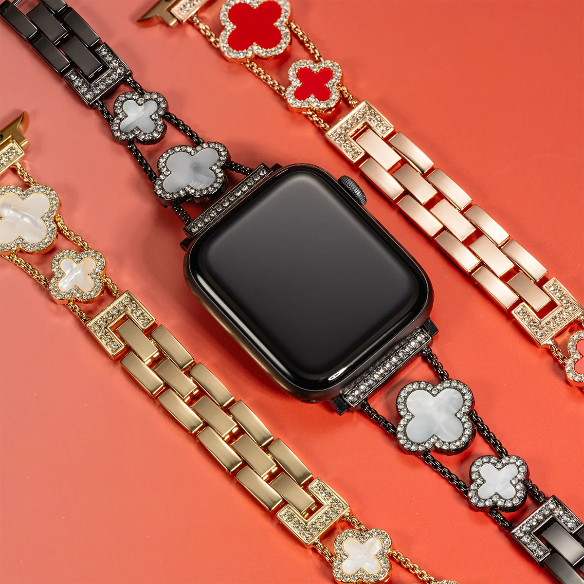 애플 워치용 다이아몬드 네잎 클로버 메탈 스트랩, 울트라 2 여성용 밴드, 49mm, 45mm, 44mm, 42mm, 41mm, 40mm, 38mm, 아이워치 시리즈 9 8 7 SE 6 팔찌