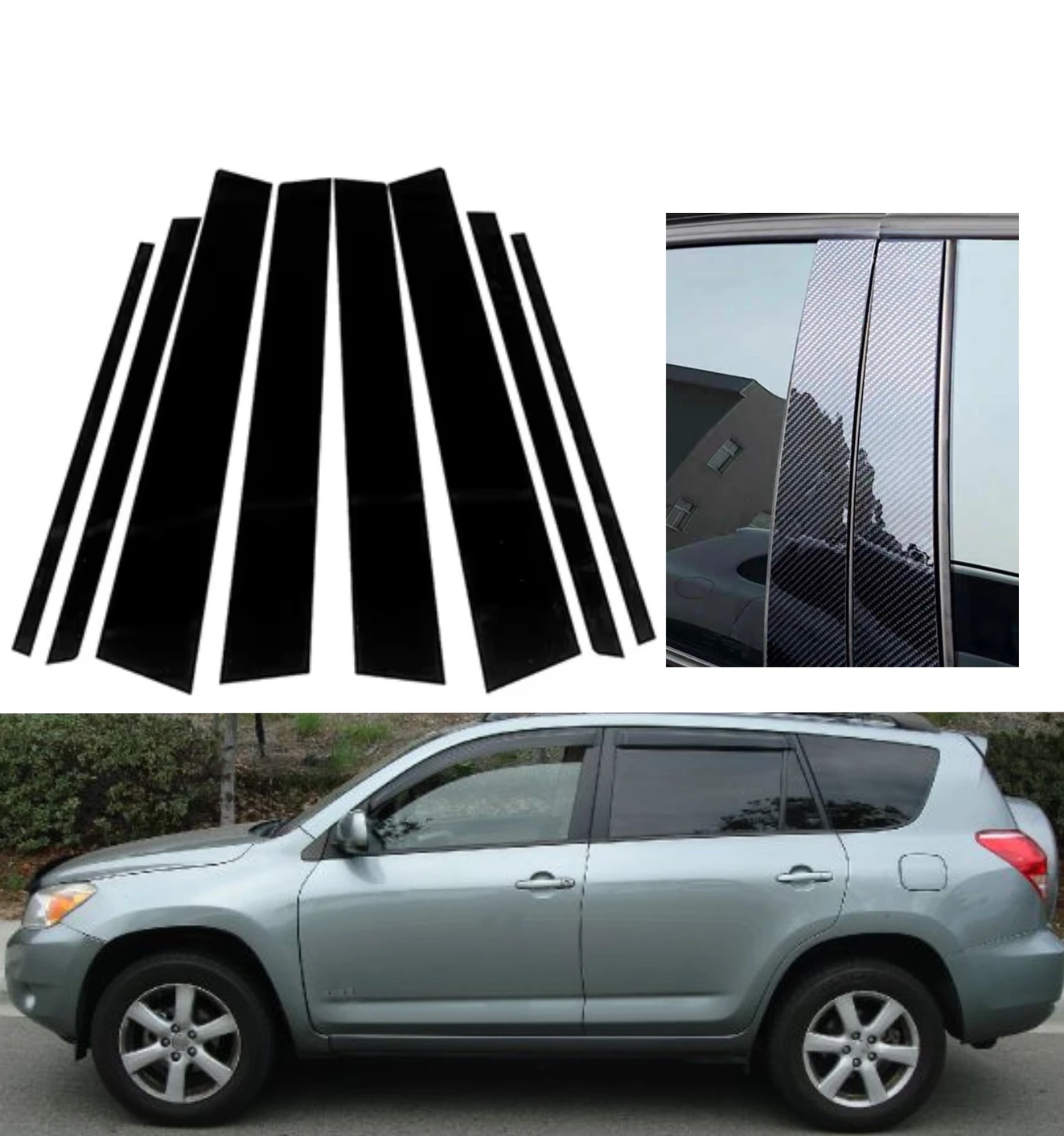 

Fit For Toyota RAV4 2006 2007 2008 2009 2010 2011 2012 Silver Glossy Black Pillar Posts Door Side Trim Window Molding Cover