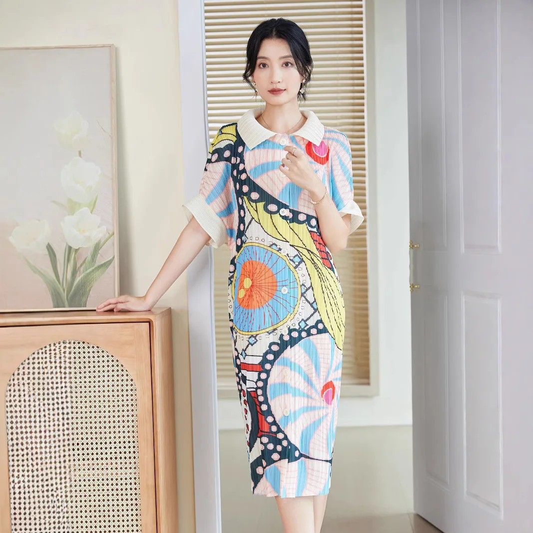 

Printed Lapel Short Sleeve Women's Dress Miyake 2025 Summer New Fashion Casual Peplum Premium Feeling Comfortable Skirt ALSEY