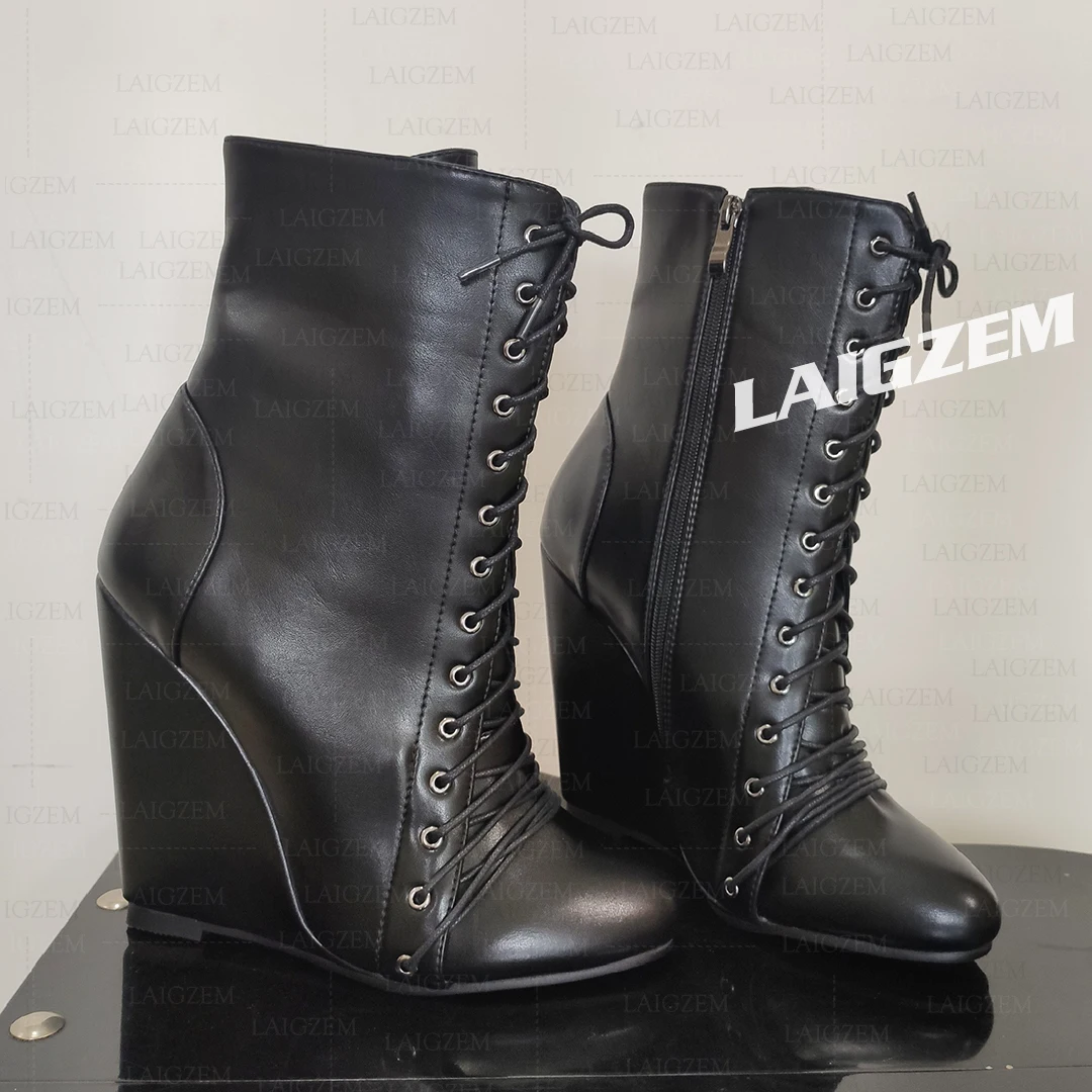 

ZHIMA Женские ботильоны на танкетке из искусственной кожи с круглым носком и высоким каблуком, увеличивающие рост, женская обувь, большой размер 41 45 47 52