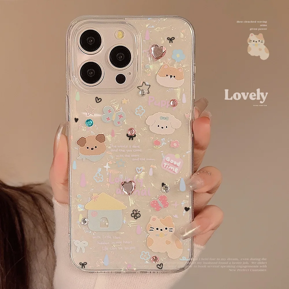 Funda de teléfono con patrón de concha de cachorro de dibujos animados para iPhone 11 12 13 14 15 16 Pro Max XR X XS 7 8 cubierta transparente de diamante 3D a prueba de golpes