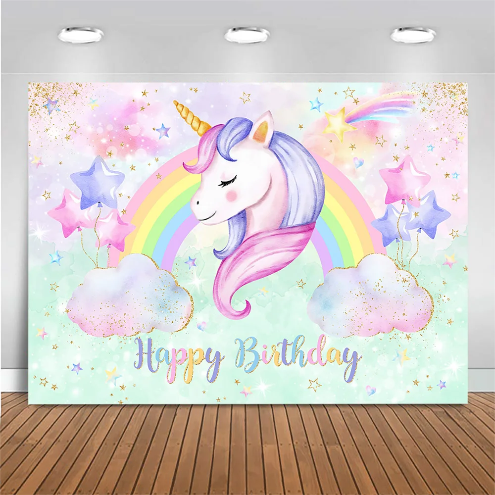 Mocsicka Unicorn Backdrop Rainbow Clouds Stars Child Birthday Party Decor Newborn Baby Shower Photo Background Banner Photoshoot