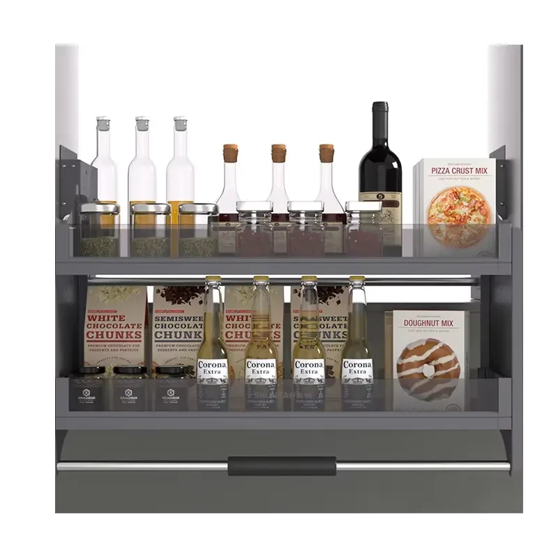 Wall-Mounted Pull-Down Spice Rack Storage Lifter Lift-Up Basket Kitchen Cabinet Space Aluminum Alloy + Glass Wall Cabinet
