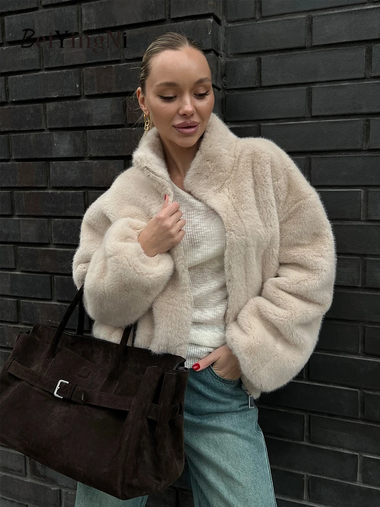 Beiyingni 2026 Winter Fuzzy Coats Women Casual Warm Thick Female Zipper Jackets Classy Khaki Outwear Top New Arrivals Plain Coat