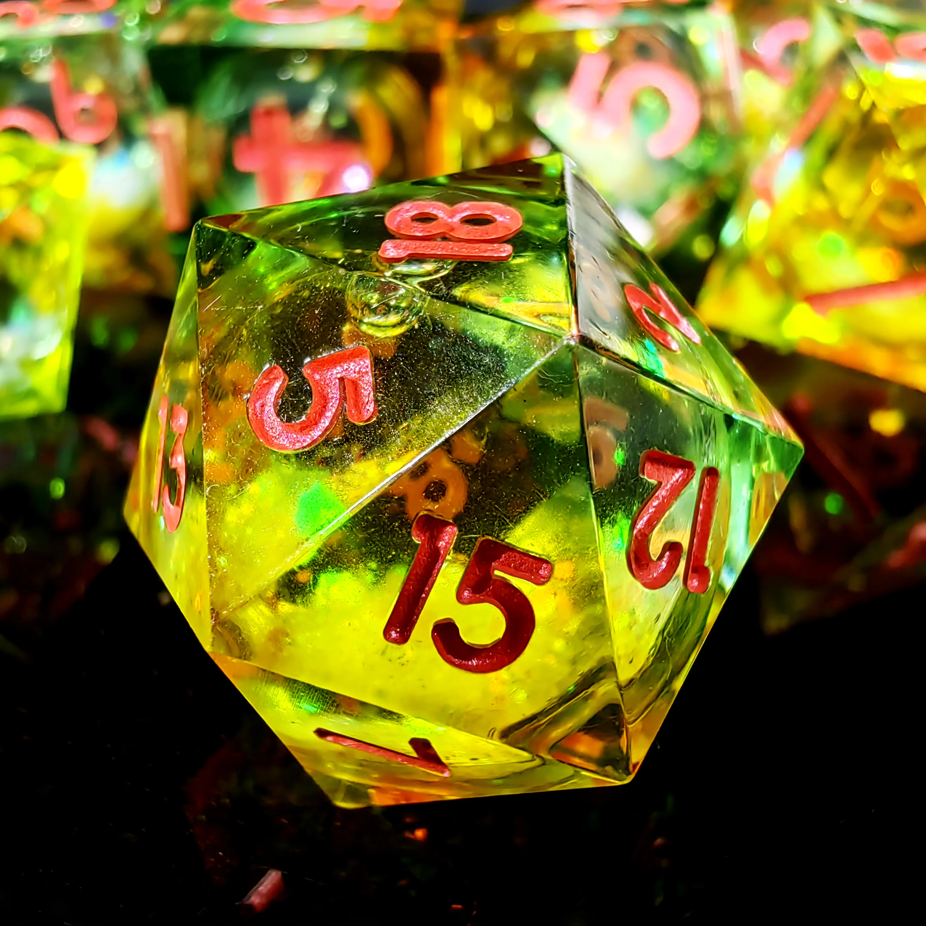 DnD Dice Set - 7 Piece Resin Dice with Green Flowing Sand, Transparent Base & Red Numbers for RPG & Board Games