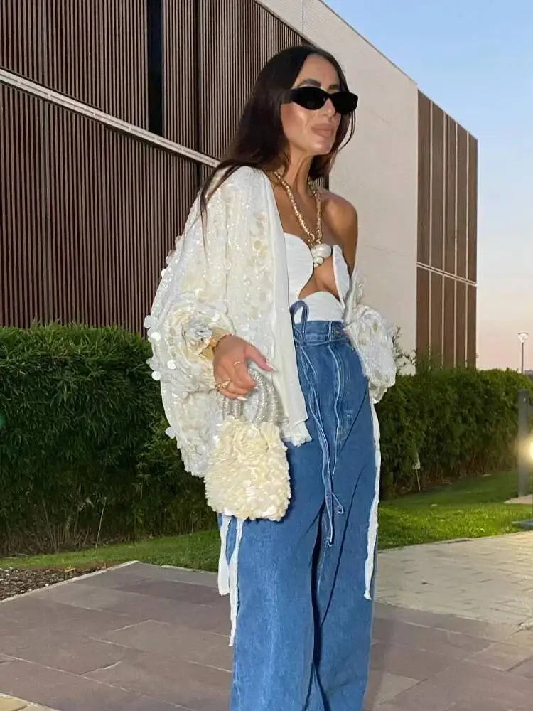 

Women Sparkling Beaded Short Loose Jacket Chic Elegant V Neck Long Sleeve Lace Up Cardigan 2024 Autumn Female Fashion Streetwear