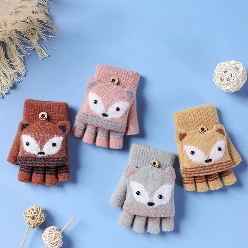 Autumn Winter Children Knitted Gloves Flip Fingerless Gloves Cute Cartoon Fox Warm Half-Finger Gloves