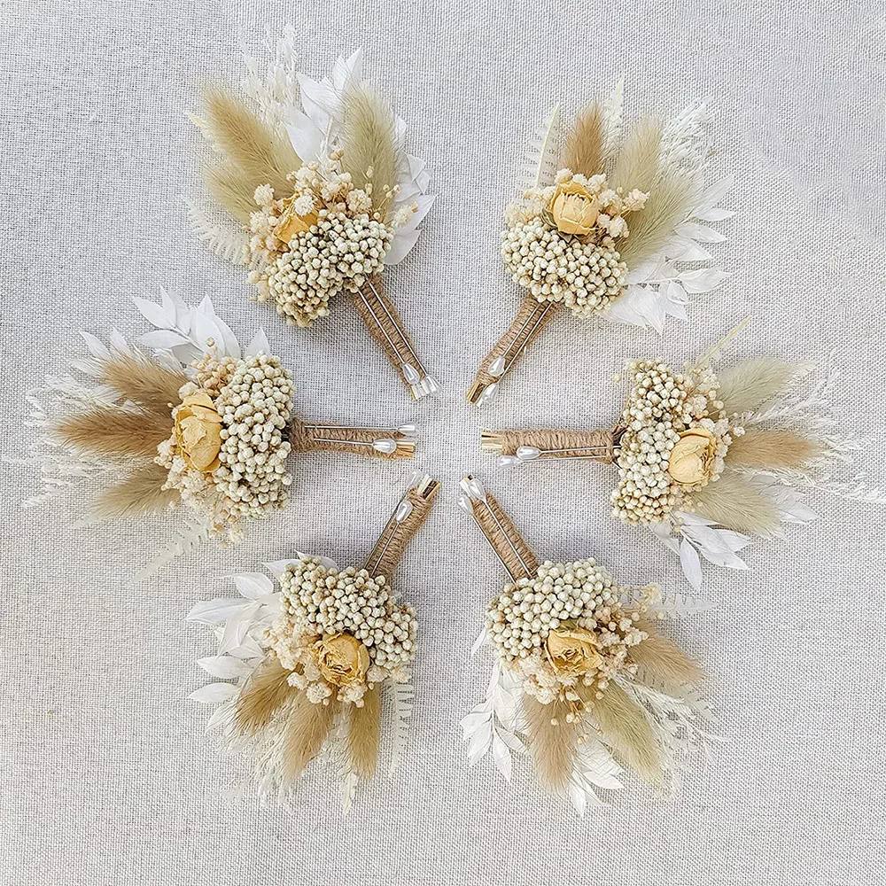 6Pcs Set Dried Flower Corsage Mini Baby's Breath Natural Flowers Small Bouquet, Boho Style, Rustic Vintage Wedding Cake Decor