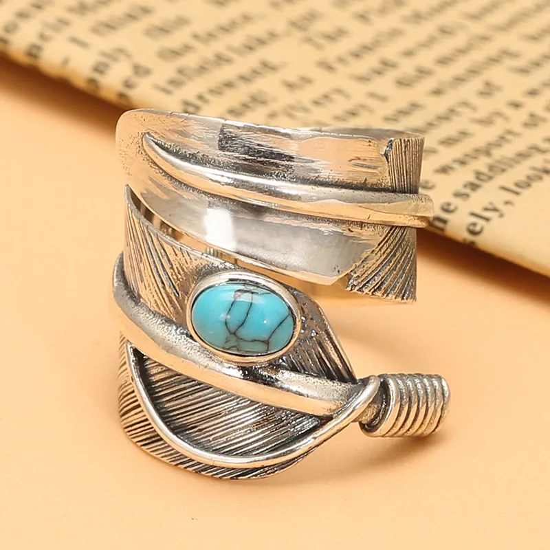 

925 Indian style Thai Silver open feather ring men's sterling silver turquoise personality single ring women