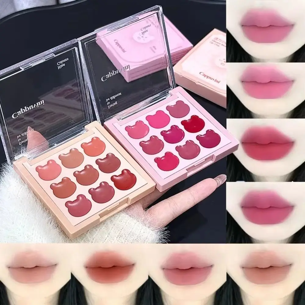 Sweet 9-Color Bear Lip Mud Cute Easy To Apply Rose Red Lip Gloss Moisture Waterproof Bear Lip Tint Cream Palette Makeup