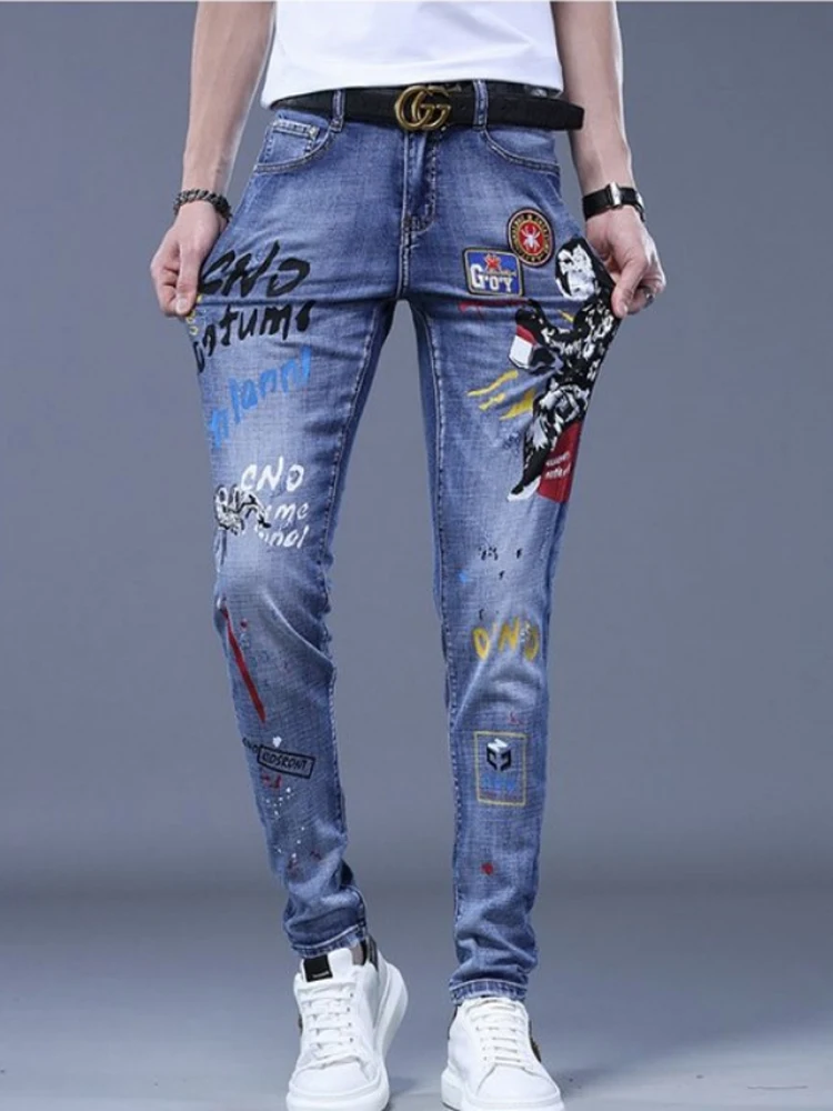 Pantalones vaqueros bordados para hombre, Jeans elásticos ajustados de alta calidad, moda urbana, Hip-Hop, primavera y verano