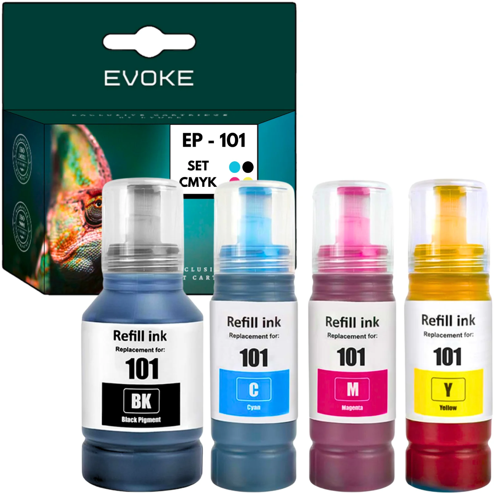 Evoke Compatibele Inkt voor Epson 101 4X Cmyk: Zwart Pigment+Cyaan+Magenta+Geel 340 ml 25500 Pagina's Ecotank L4150 4160 4260 4266 6160 6170 6190 6196 6260 6270 6290 14150