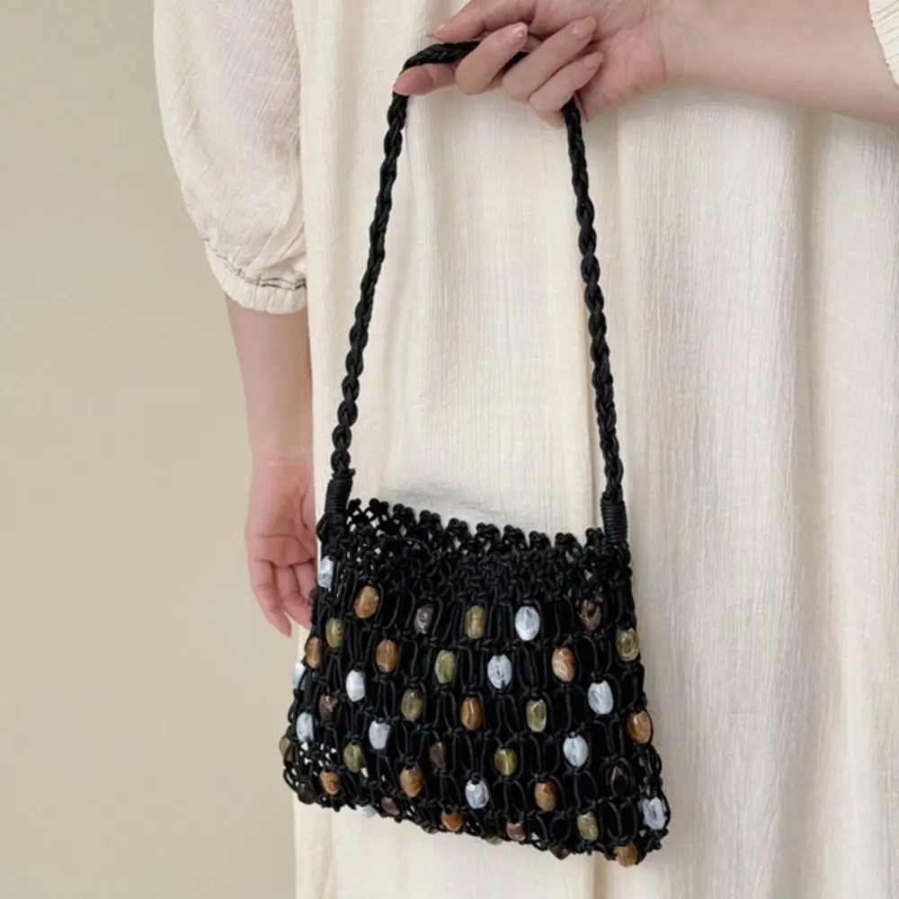 

Sweet Korean Style Beaded Woven Bag Handmade Ethnic Style Beads Weave Tote Bag Solid Color Braided Crochet Tote Bag Beach