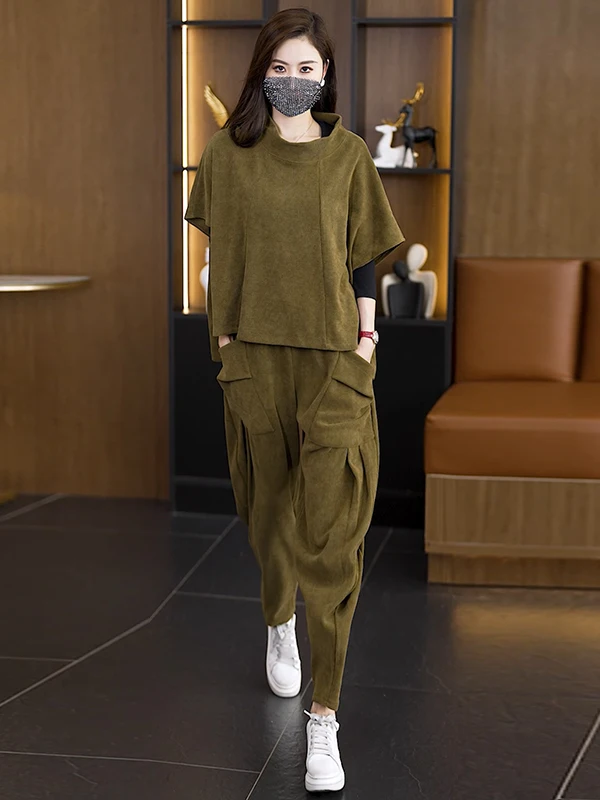 Fall 2026 plus Size Fashionable Slimming Loose Large Casual Style Half Sleeve Stand Collar Harlan Pants Two Piece Set for Women