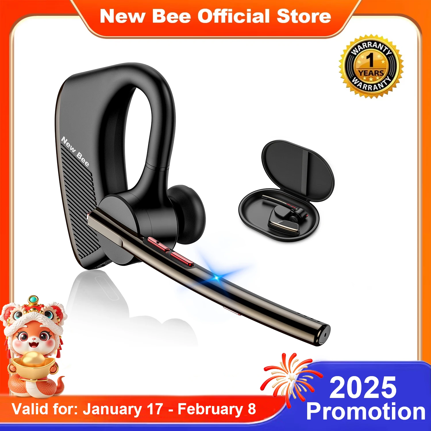 New Bee M50 Bluetooth Wireless Headset 5.2 Earphones Headphone with Dual Mic Hands-free Busines CVC8.0 Noise Cancelling Earpiece