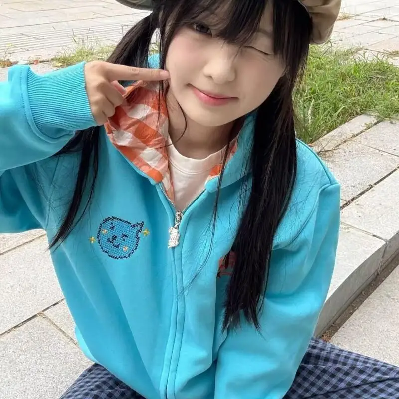 

cartoon embroidery zipper coat hoodie Women's Clothing new model autumn winter design sense cardigan Short Jacket Outerwear