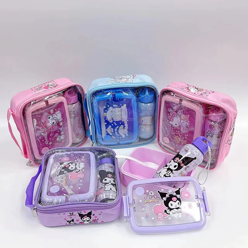 

Sanrio Kuromi Hello Kitty Plastic Lunch Box Water Bottle Set Children's Straw Water Bottle Water Cup Three Grid Lunch Box Set