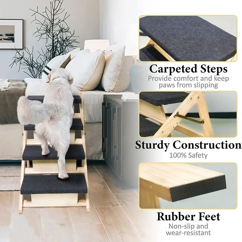 Wooden Dog Ladder for Indoor Outdoor Use Portable Pet Steps for Cats and Dogs Twice the Height Sturdy Pet Climbing