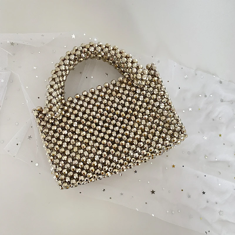 Top Handle Beaded Handbag for Ladies Silver Beading Evening Party Purse Handwoven Female Clutch Luxury Female Wedding Beach Bag